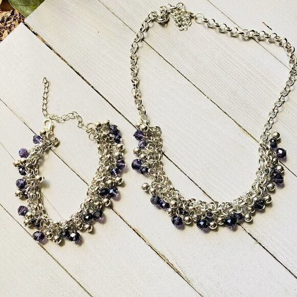 Purple Crystal Silver Chain Necklace Bracelet Set - Picture 1 of 4